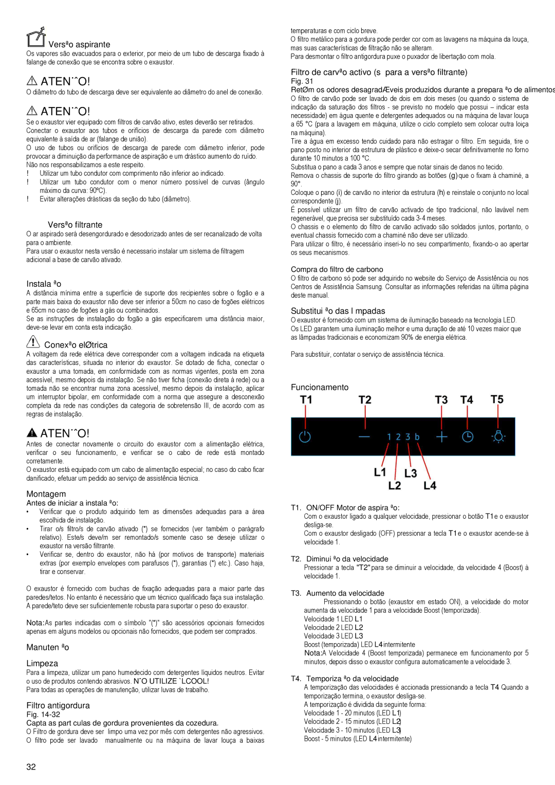 Samsung NK36M5070CS/UR Versão aspirante, Versão filtrante, Instalação, Conexão elétrica, Montagem, Manutenção Limpeza 