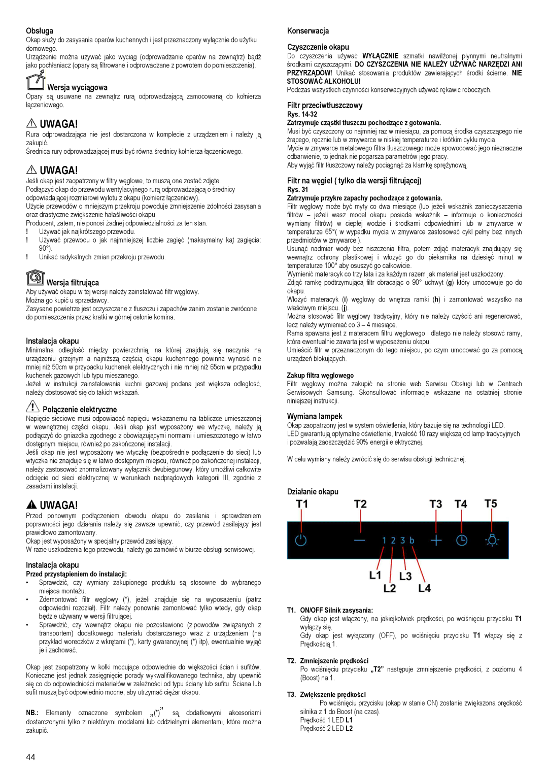 Samsung NK24M5070CS/UR manual Obsługa, Wersja wyciągowa, Wersja filtrująca, Instalacja okapu, Połączenie elektryczne 