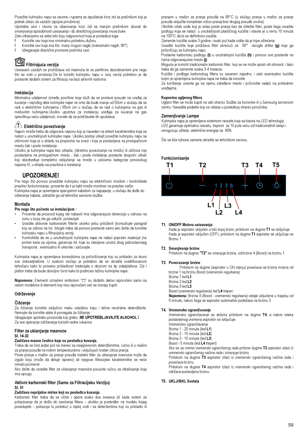 Samsung NK24M5070CS/UR manual Filtrirajuća verzija, Instalacija, Električno povezivanje, Montaža, Održavanje Čišćenje 