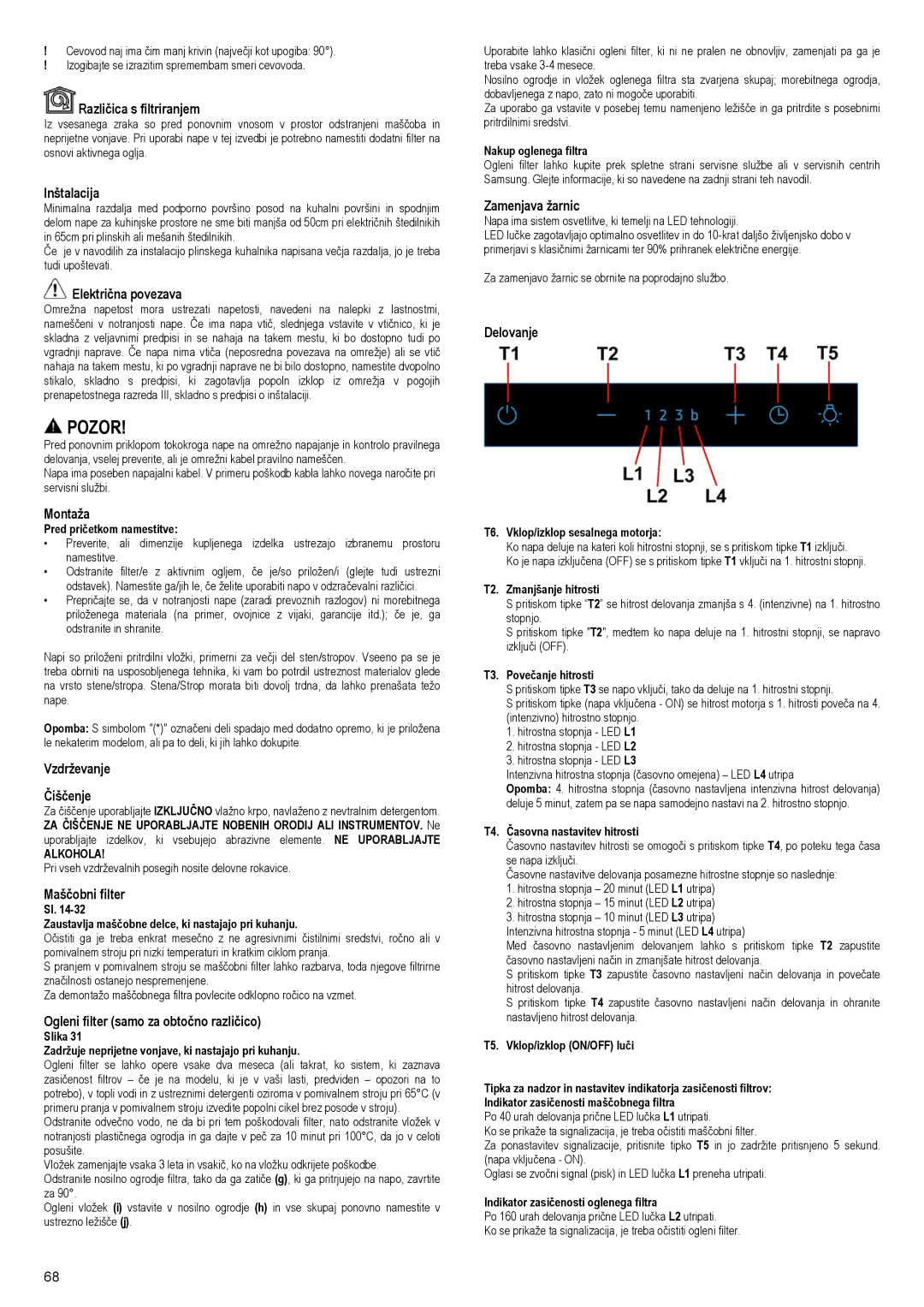 Samsung NK36M5070FS/UR Različica s filtriranjem, Inštalacija, Električna povezava, Vzdrževanje Čiščenje, Maščobni filter 