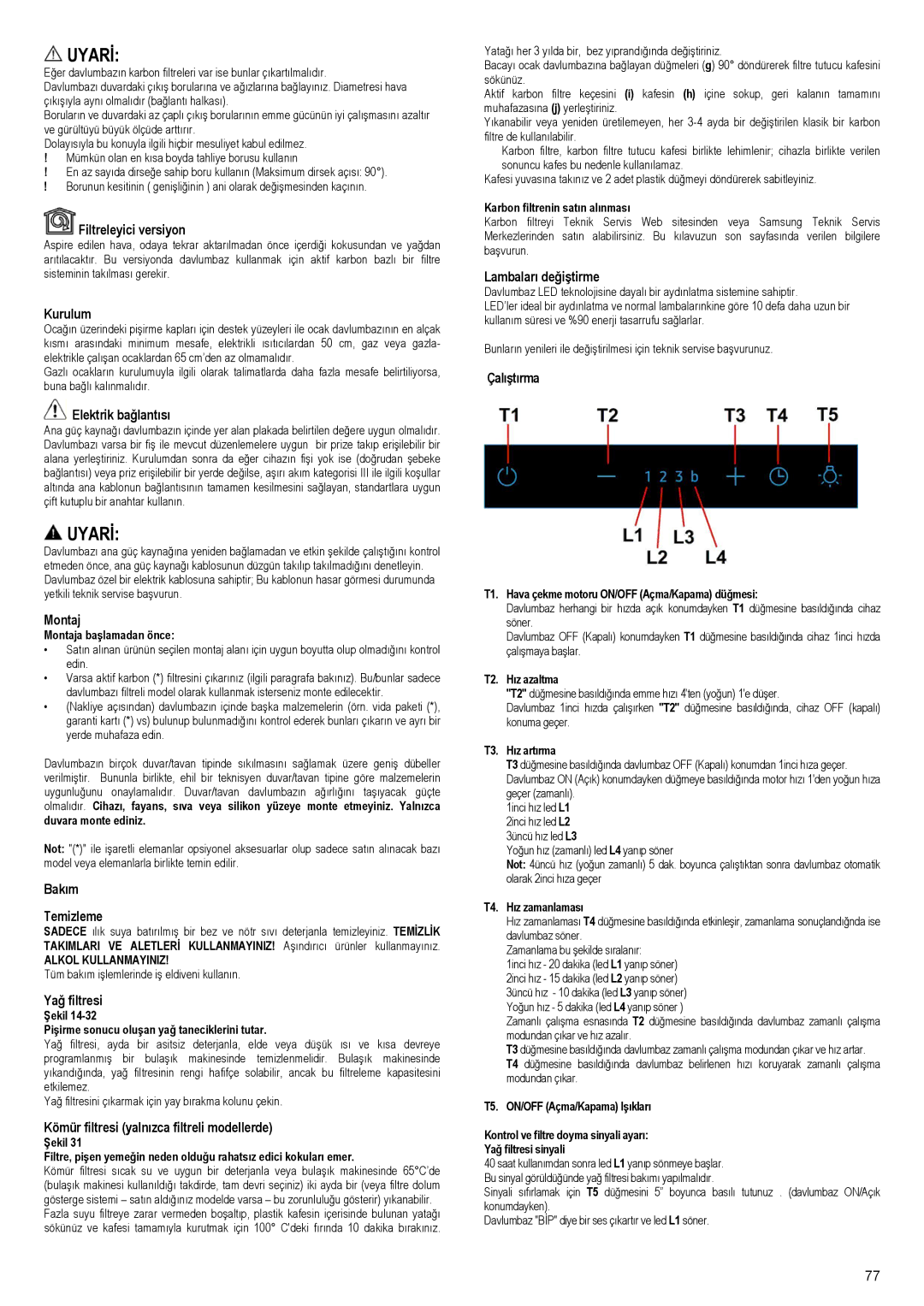 Samsung NK36M5070CS/UR manual Filtreleyici versiyon, Kurulum, Elektrik bağlantısı, Montaj, Bakım Temizleme, Yağ filtresi 