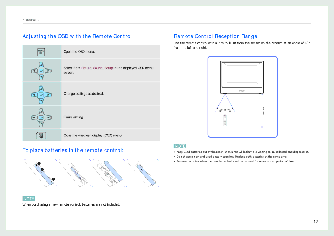 Samsung NL22B user manual Adjusting the OSD with the Remote Control, To place batteries in the remote control 