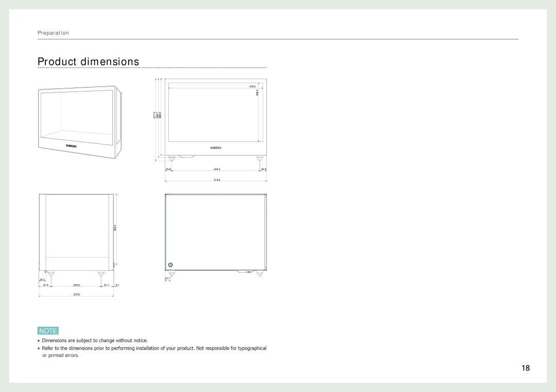 Samsung NL22B user manual Product dimensions 