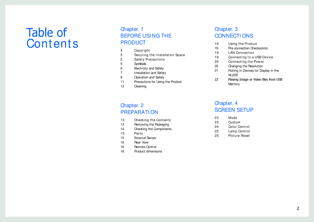 Samsung NL22B user manual Contents 