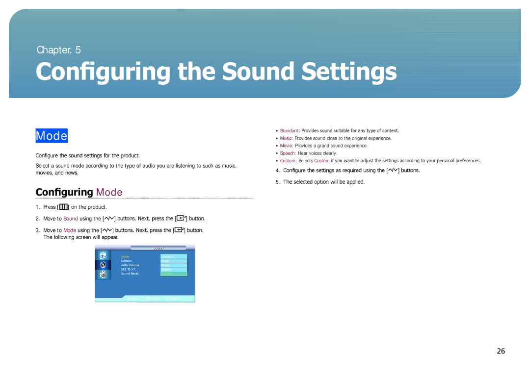 Samsung NL22B user manual Configuring the Sound Settings, Mode 