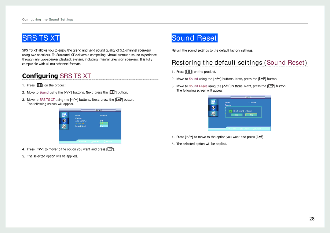 Samsung NL22B user manual Configuring SRS TS XT, Restoring the default settings Sound Reset 