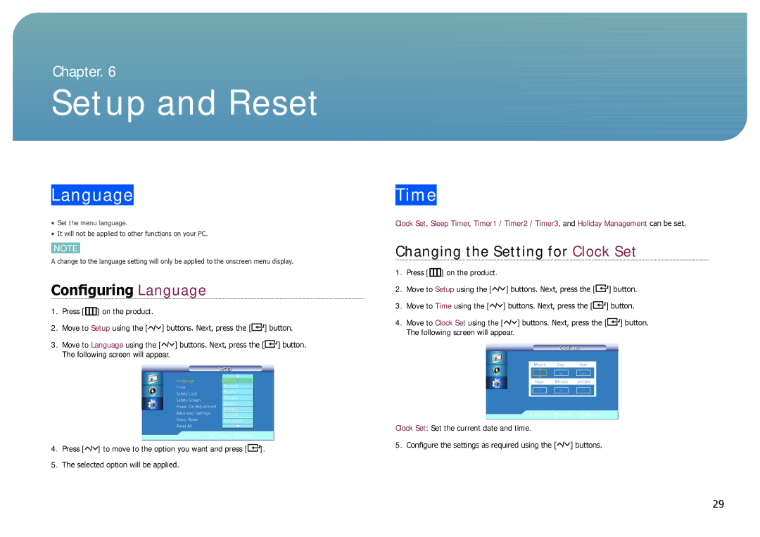 Samsung NL22B user manual Setup and Reset, Time, Configuring Language, Changing the Setting for Clock Set 