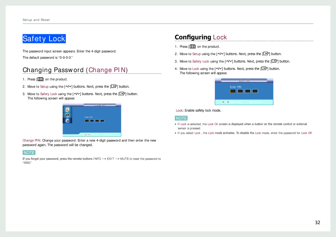 Samsung NL22B user manual Safety Lock, Changing Password Change PIN, Configuring Lock 