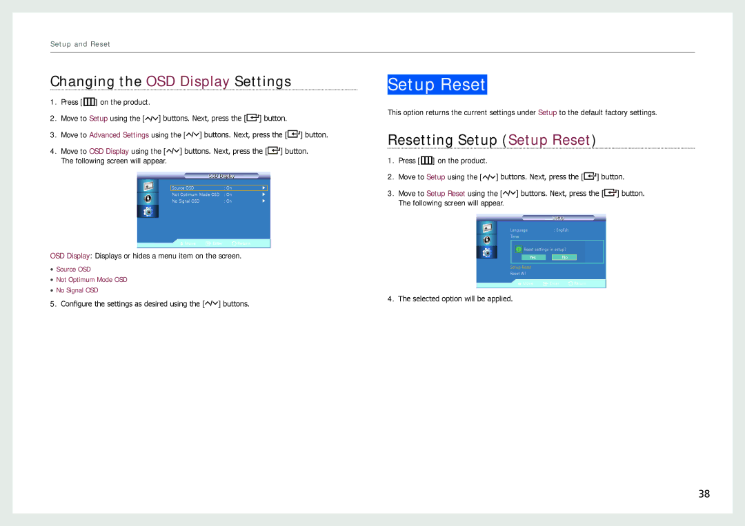 Samsung NL22B user manual Changing the OSD Display Settings, Resetting Setup Setup Reset 