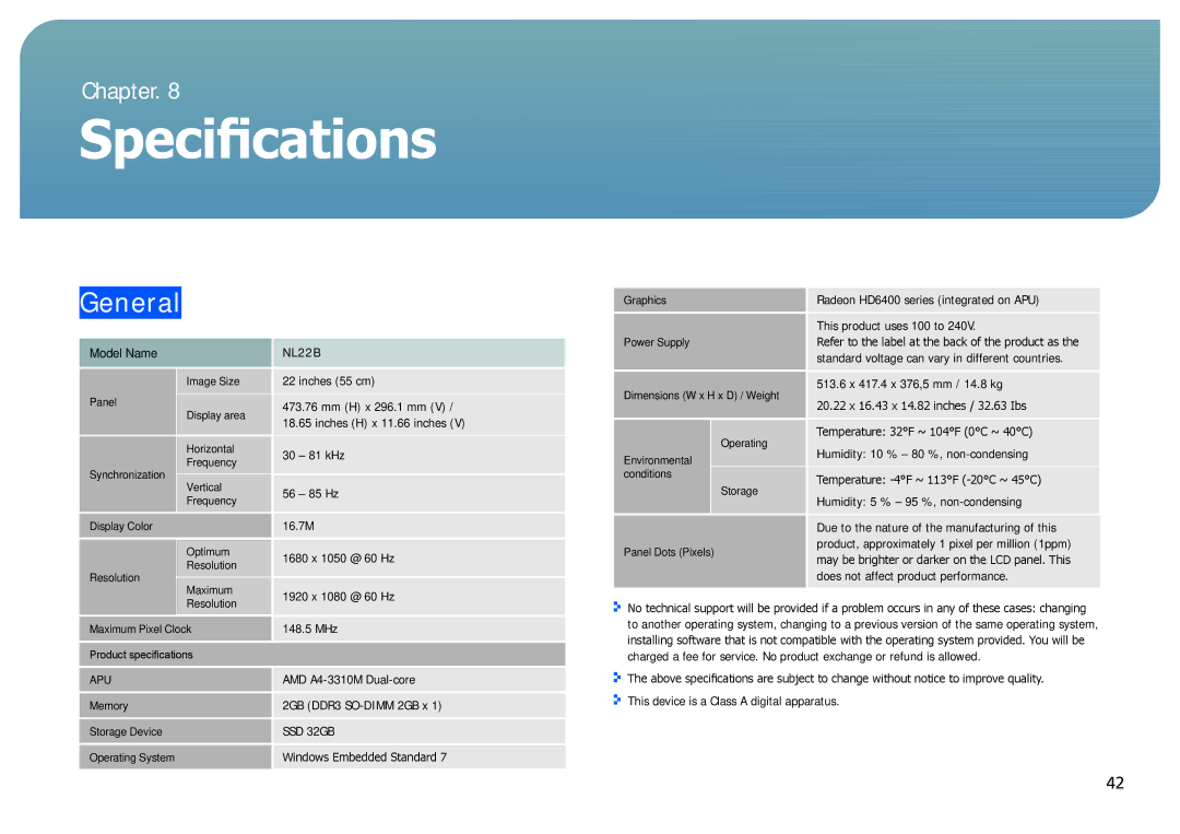 Samsung NL22B user manual Specifications, General 