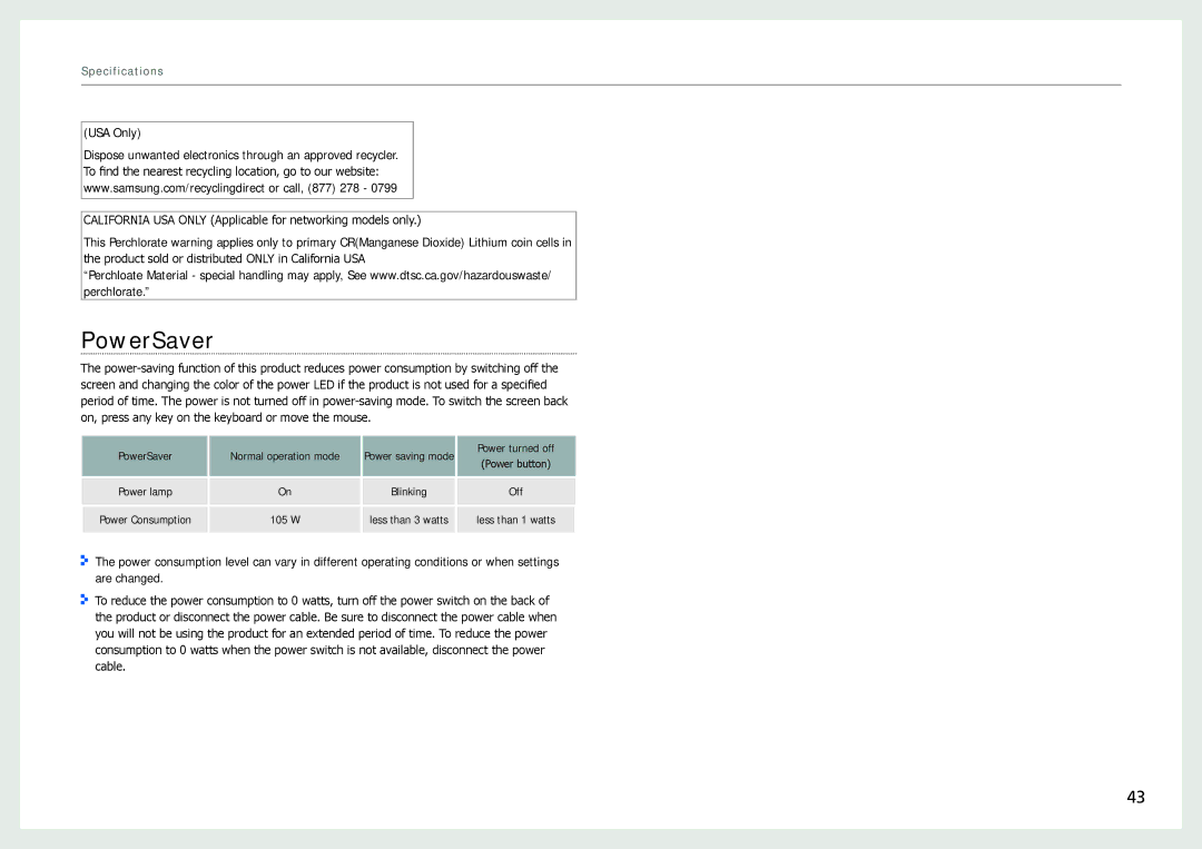 Samsung NL22B user manual PowerSaver, Specifications 