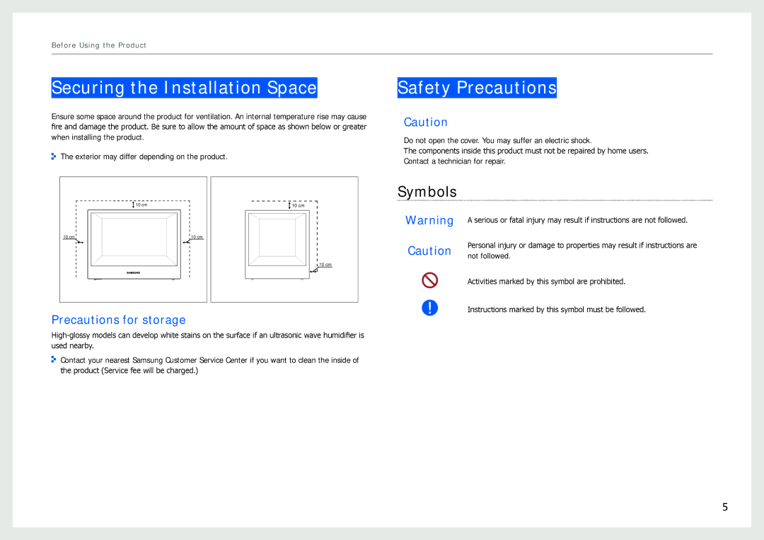 Samsung NL22B user manual Securing the Installation Space, Safety Precautions, Symbols, Precautions for storage 