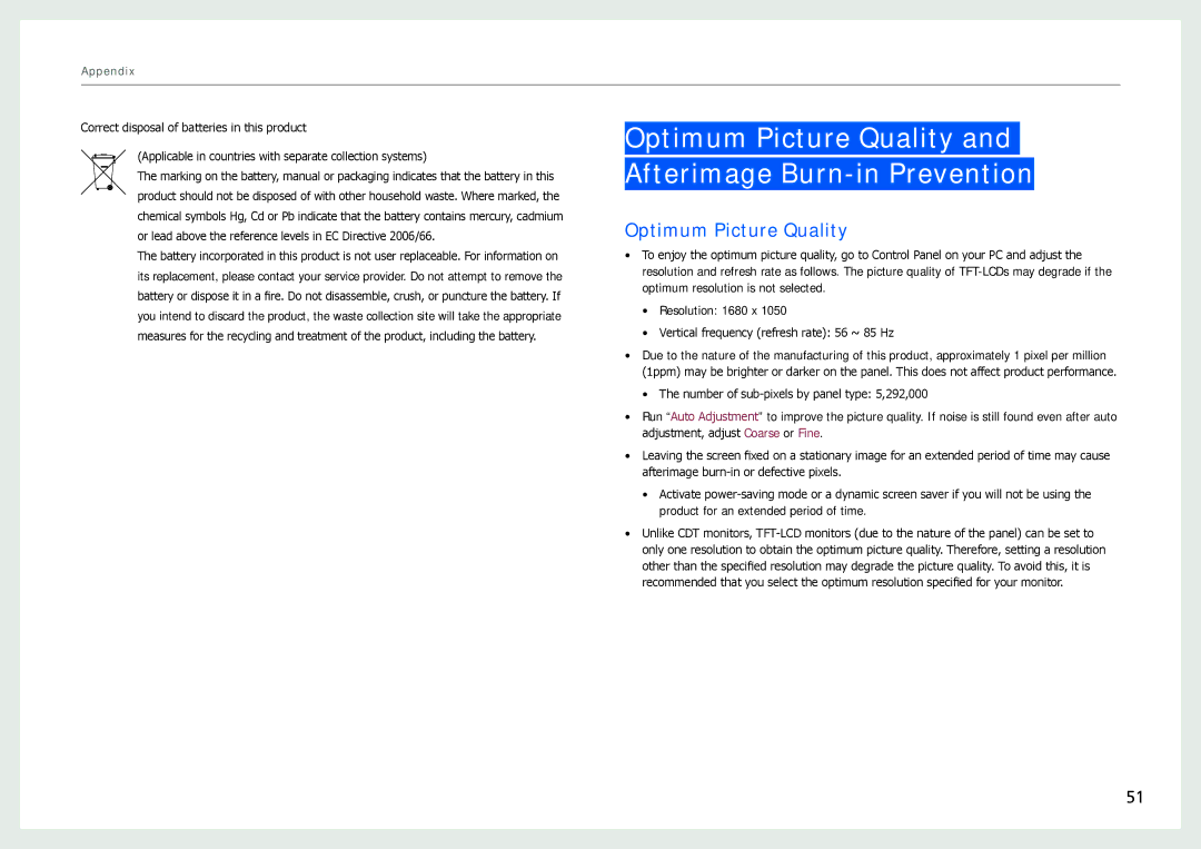 Samsung NL22B user manual Optimum Picture Quality and Afterimage Burn-in Prevention 