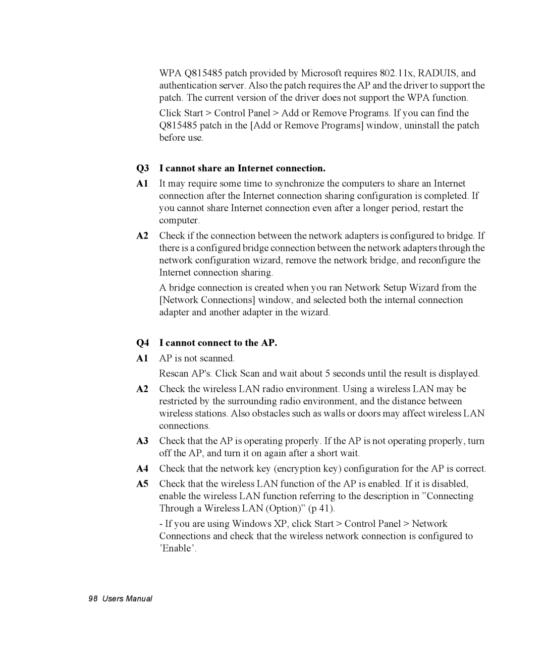 Samsung NM30MH0B16/SES, NM30MH04N4/SUK manual Q3 I cannot share an Internet connection 