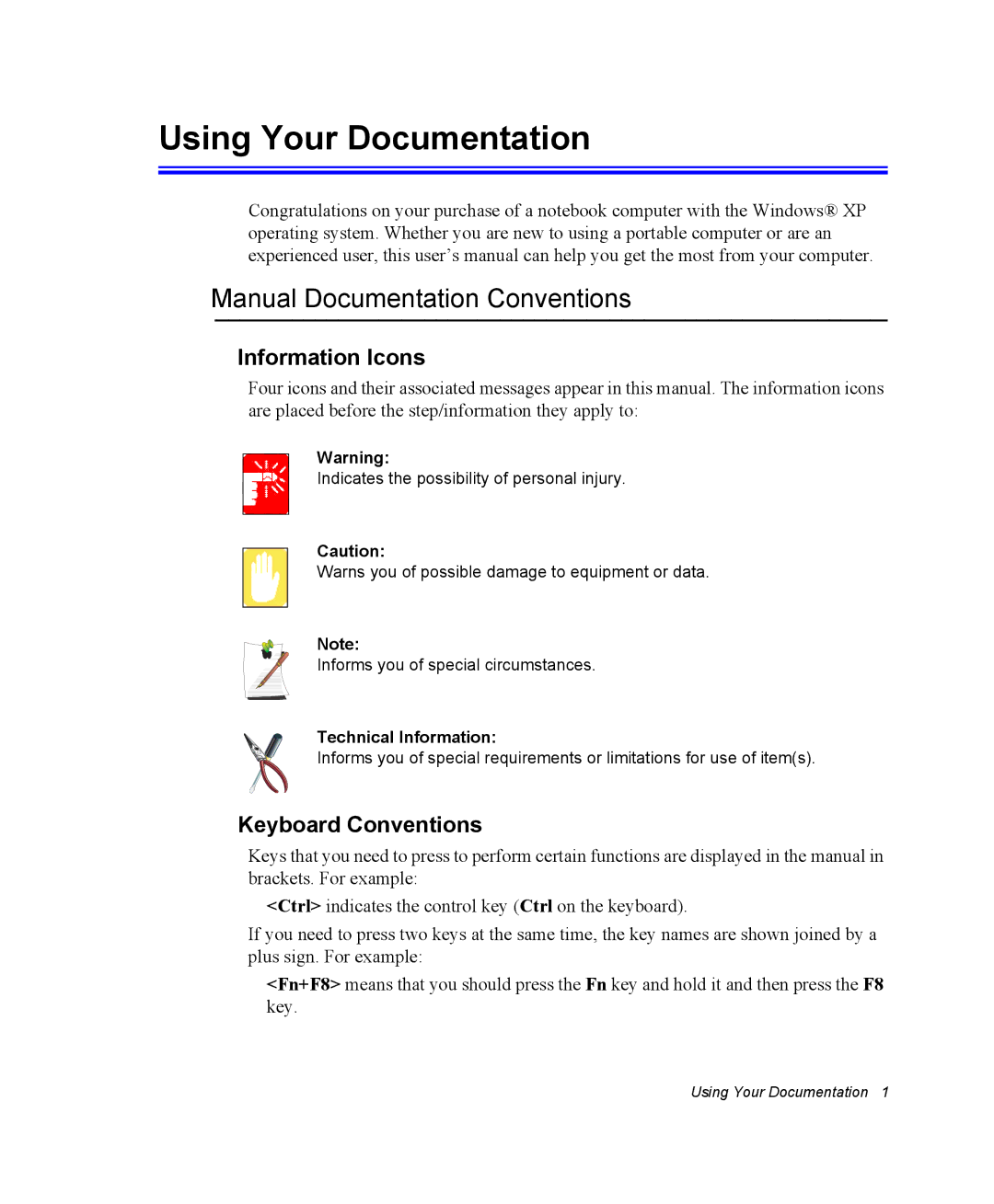 Samsung NM30MH04N4/SUK Using Your Documentation, Manual Documentation Conventions, Information Icons, Keyboard Conventions 