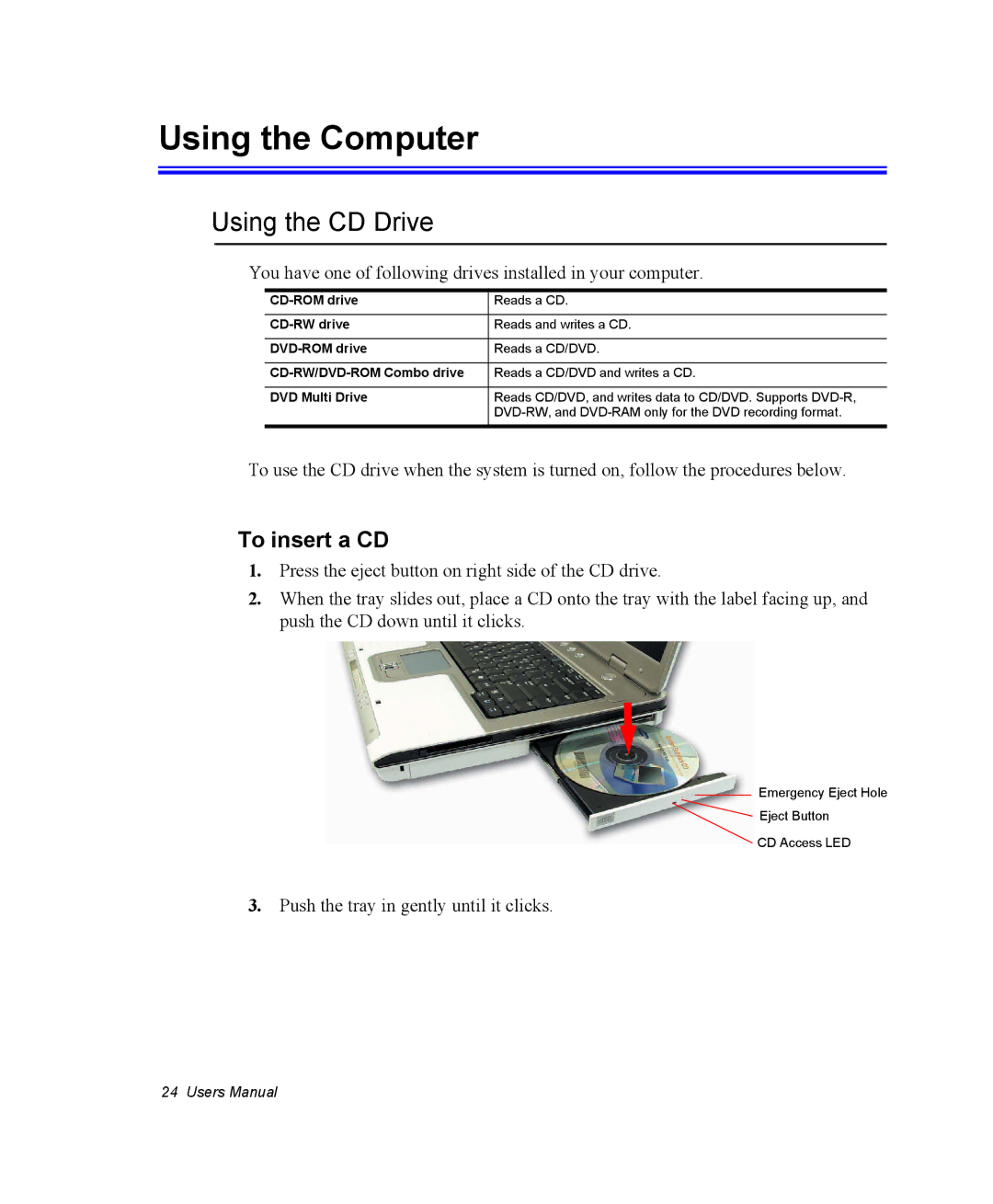 Samsung NM30MH0B16/SES, NM30MH04N4/SUK manual Using the Computer, Using the CD Drive, To insert a CD 