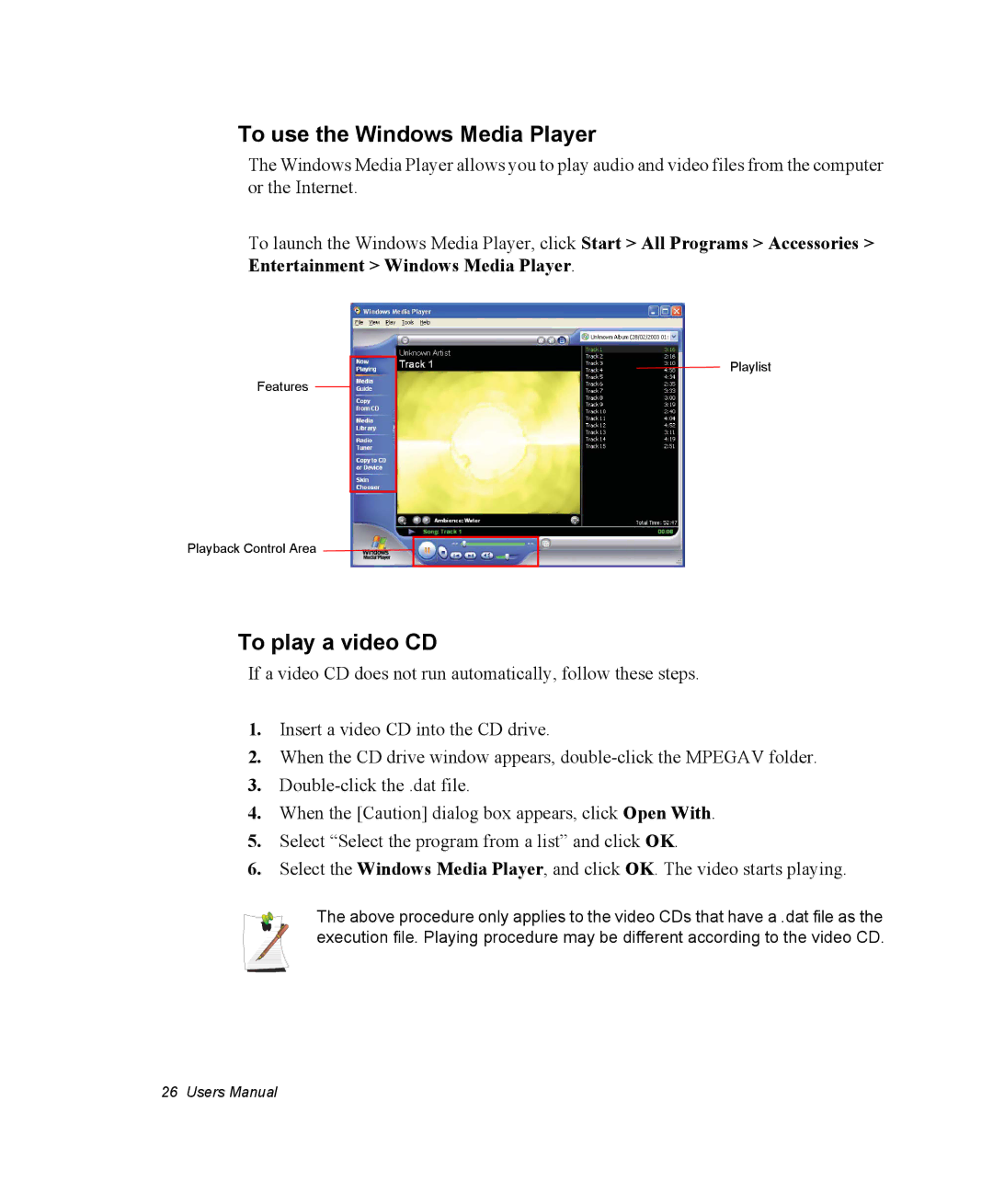 Samsung NM30MH0B16/SES, NM30MH04N4/SUK manual To use the Windows Media Player, To play a video CD 