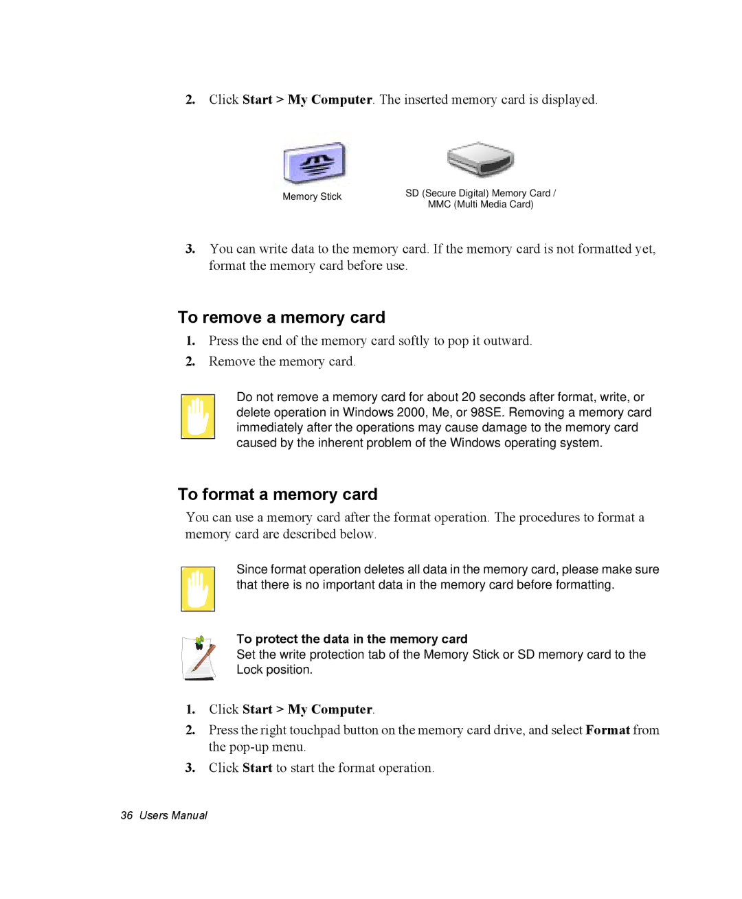 Samsung NM30MH0B16/SES manual To remove a memory card, To format a memory card, To protect the data in the memory card 