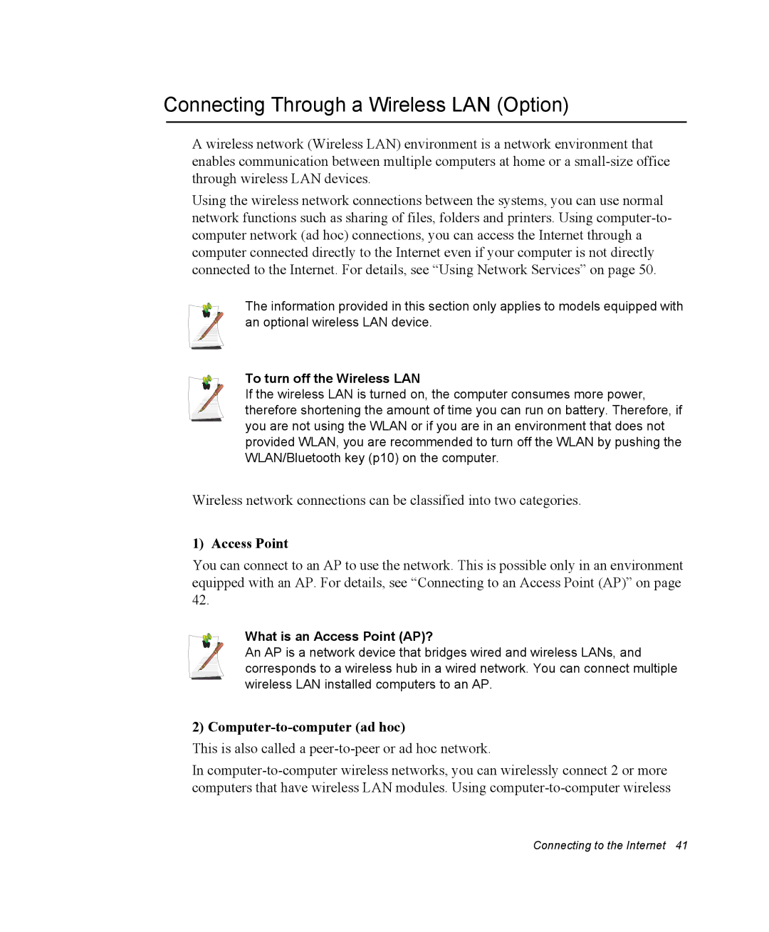 Samsung NM30MH04N4/SUK, NM30MH0B16/SES Connecting Through a Wireless LAN Option, Access Point, Computer-to-computer ad hoc 