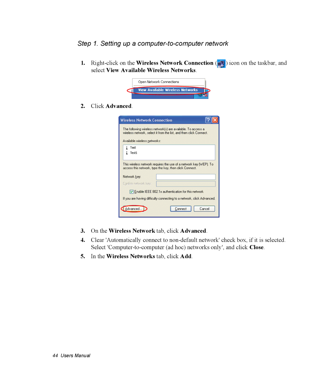 Samsung NM30MH0B16/SES, NM30MH04N4/SUK manual Setting up a computer-to-computer network, Wireless Networks tab, click Add 