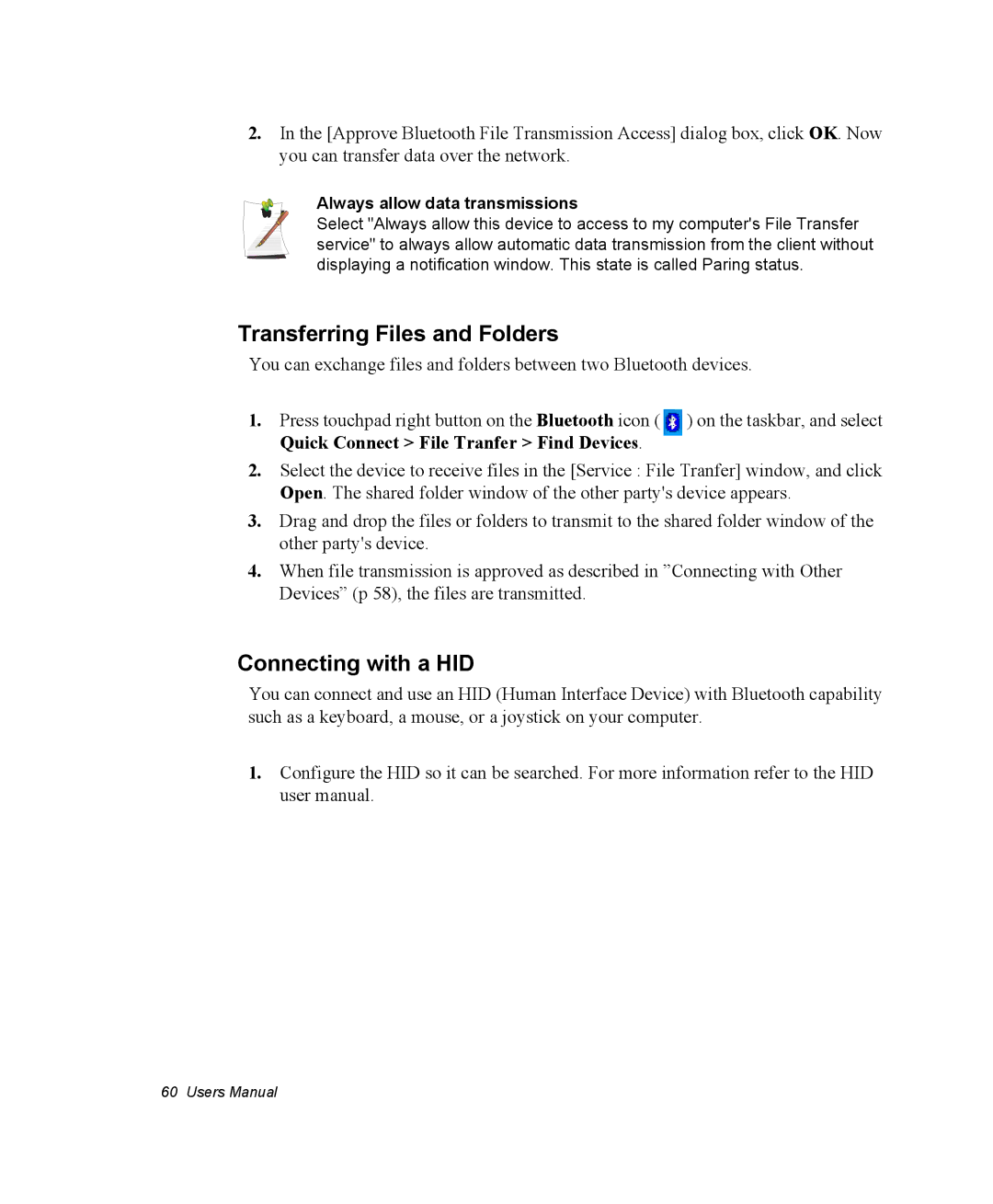 Samsung NM30MH0B16/SES manual Transferring Files and Folders, Connecting with a HID, Always allow data transmissions 