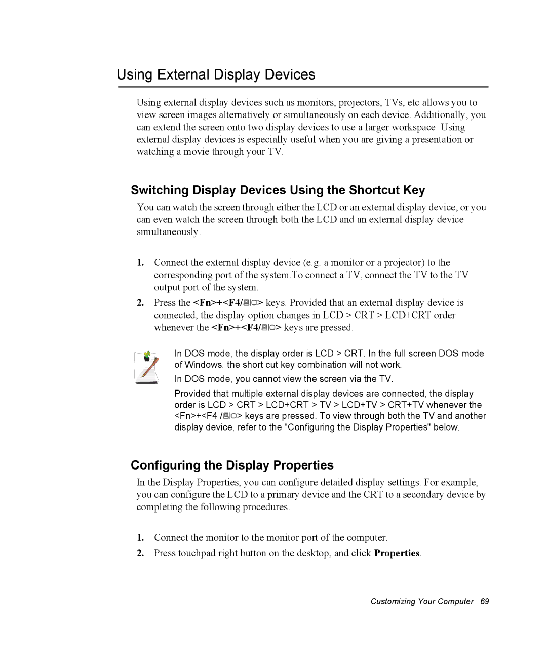 Samsung NM30MH04N4/SUK, NM30MH0B16/SES Using External Display Devices, Switching Display Devices Using the Shortcut Key 