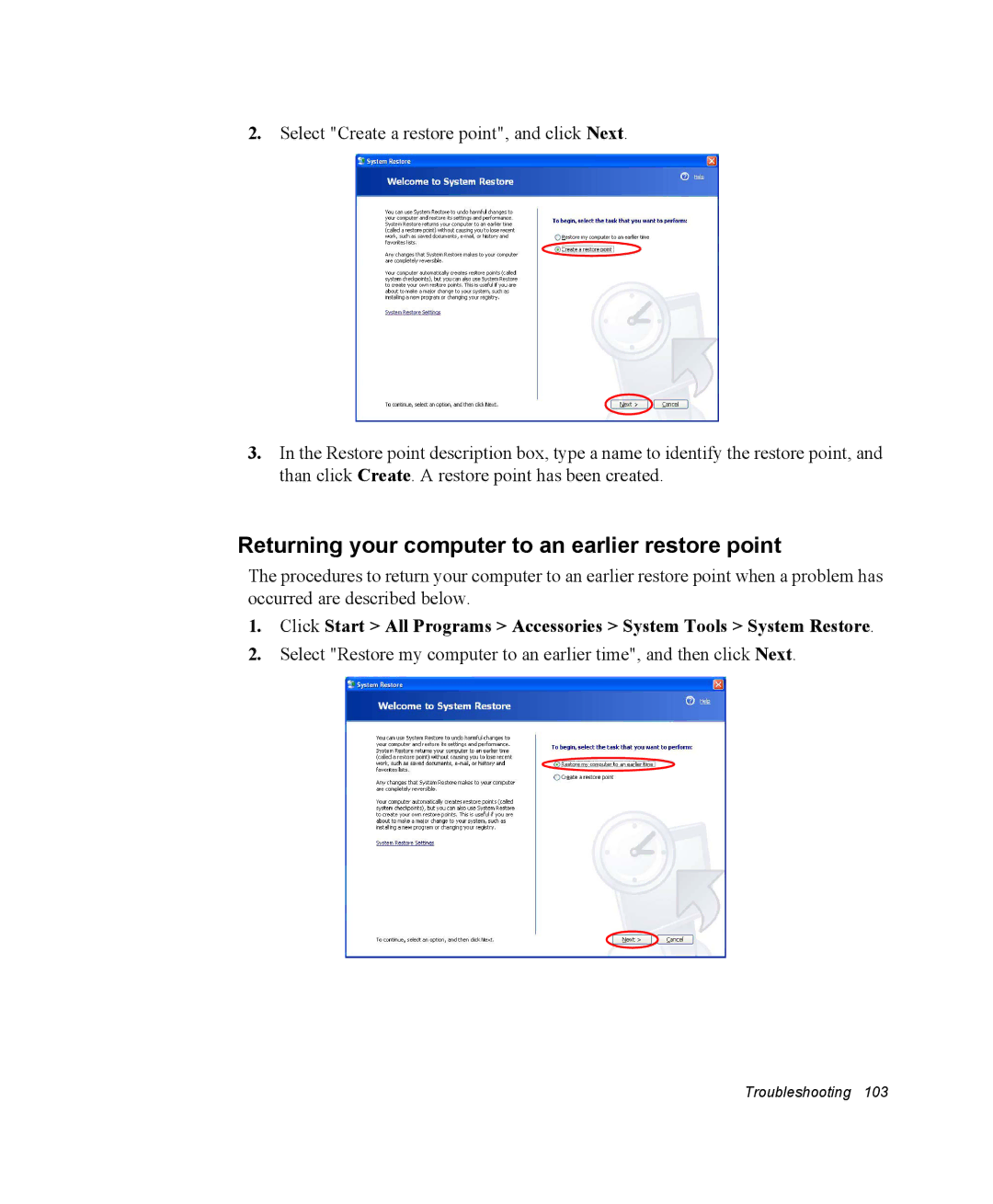 Samsung NM40PRTV01/SEF, NM40PRDV02/SEF, NM40PRCV01/SEF, NM40PRTV02/SEF Returning your computer to an earlier restore point 