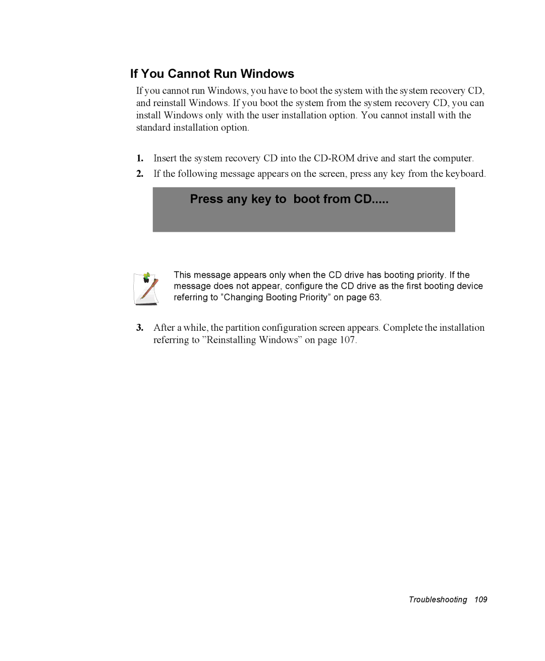 Samsung NM40PRDV03/SEF, NM40PRDV02/SEF, NM40PRCV01/SEF manual If You Cannot Run Windows, Press any key to boot from CD 