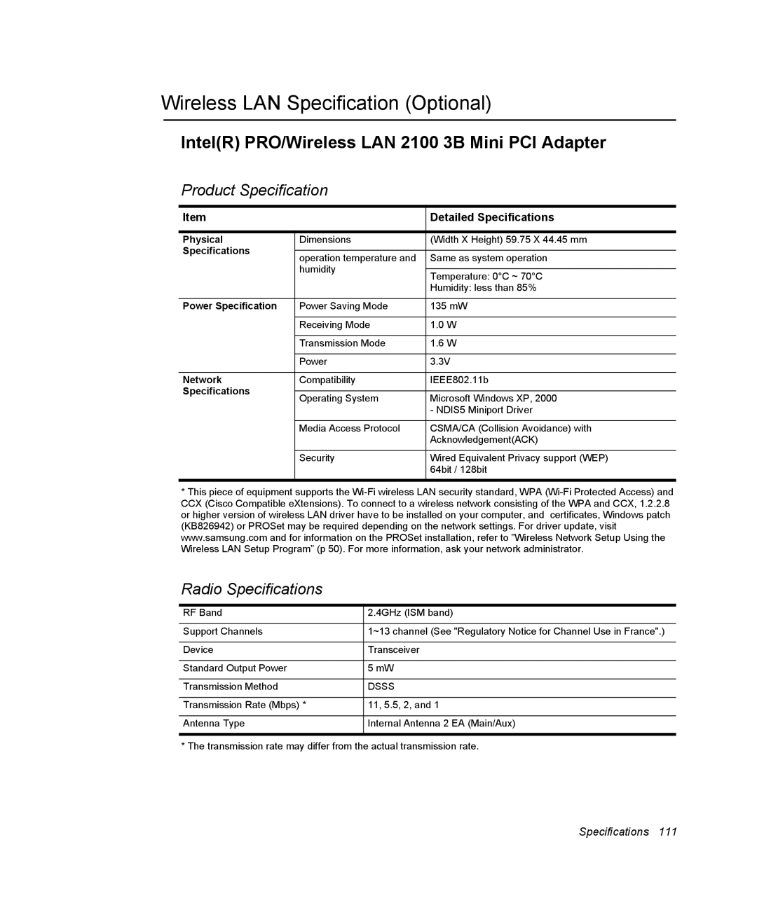 Samsung NM40TJ0MG9/SEF manual Wireless LAN Specification Optional, IntelR PRO/Wireless LAN 2100 3B Mini PCI Adapter 