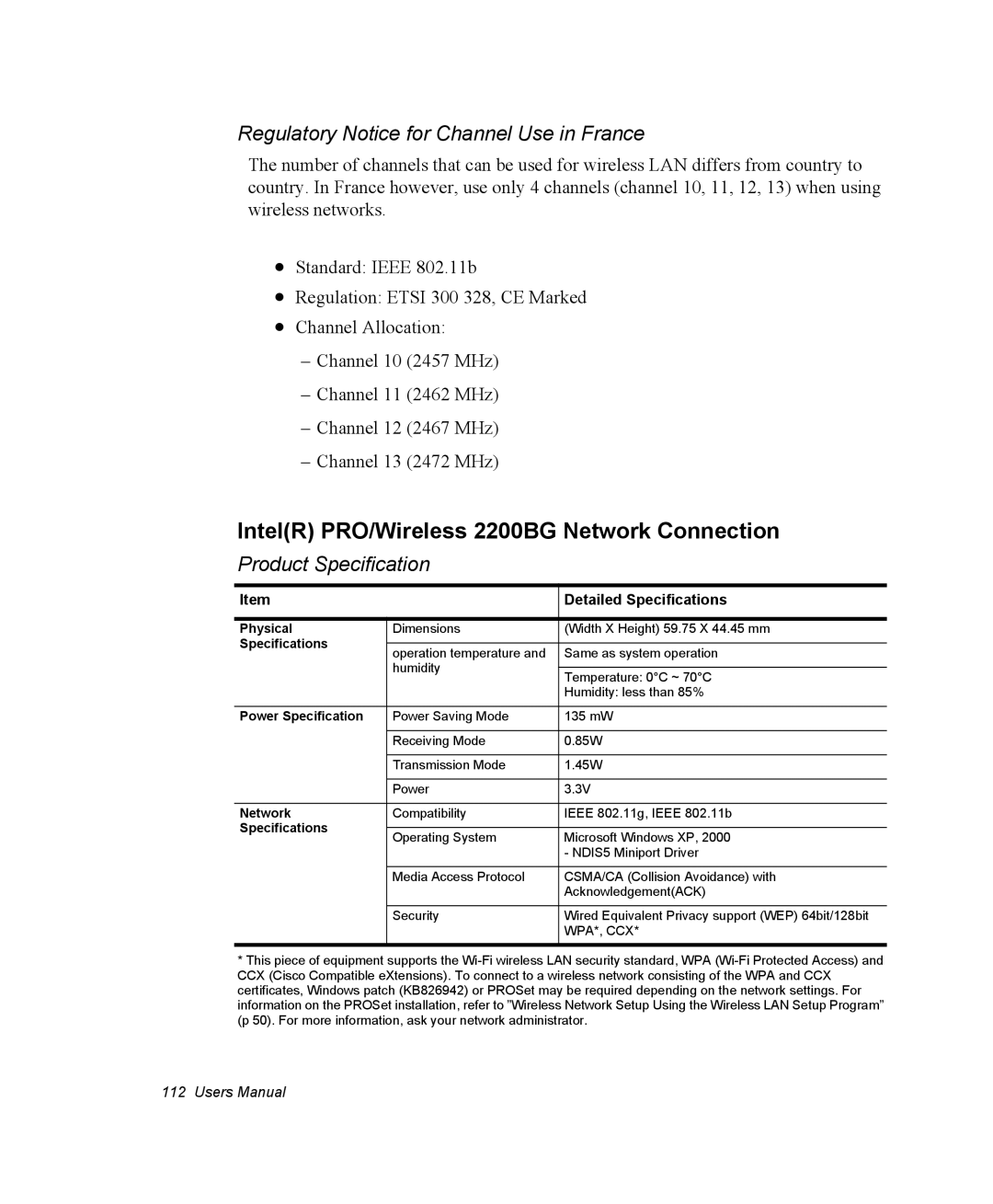 Samsung NM40PRTV01/SEF manual IntelR PRO/Wireless 2200BG Network Connection, Regulatory Notice for Channel Use in France 