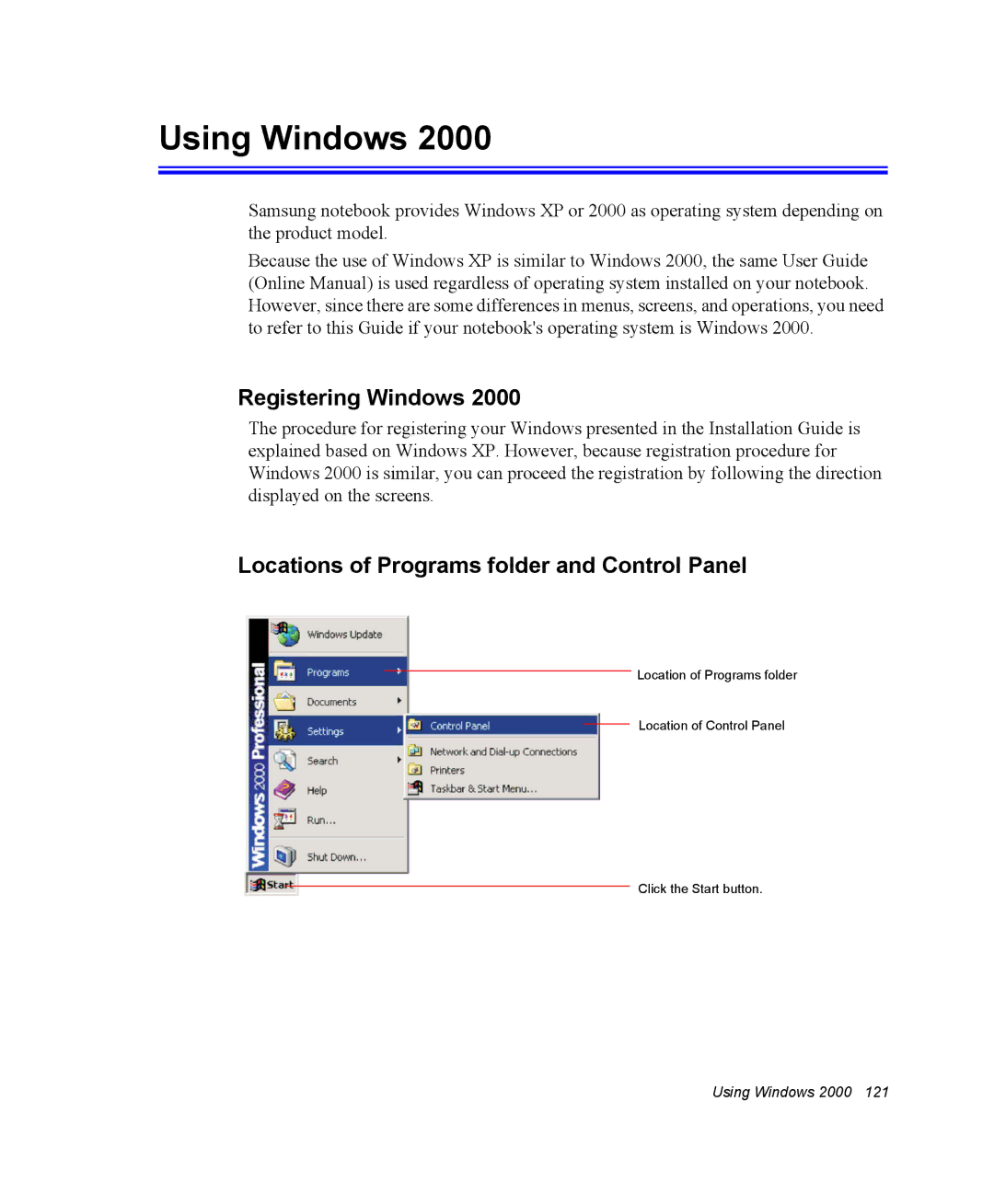 Samsung NM40PRTV01/SEF, NM40PRDV02/SEF Using Windows, Registering Windows, Locations of Programs folder and Control Panel 