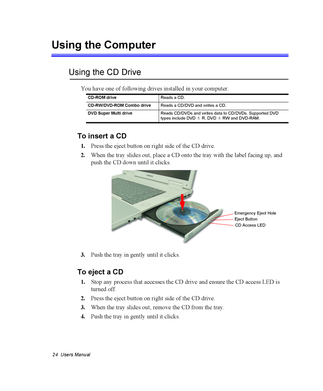 Samsung NM40PRCV01/SEF, NM40PRDV02/SEF manual Using the Computer, Using the CD Drive, To insert a CD, To eject a CD 