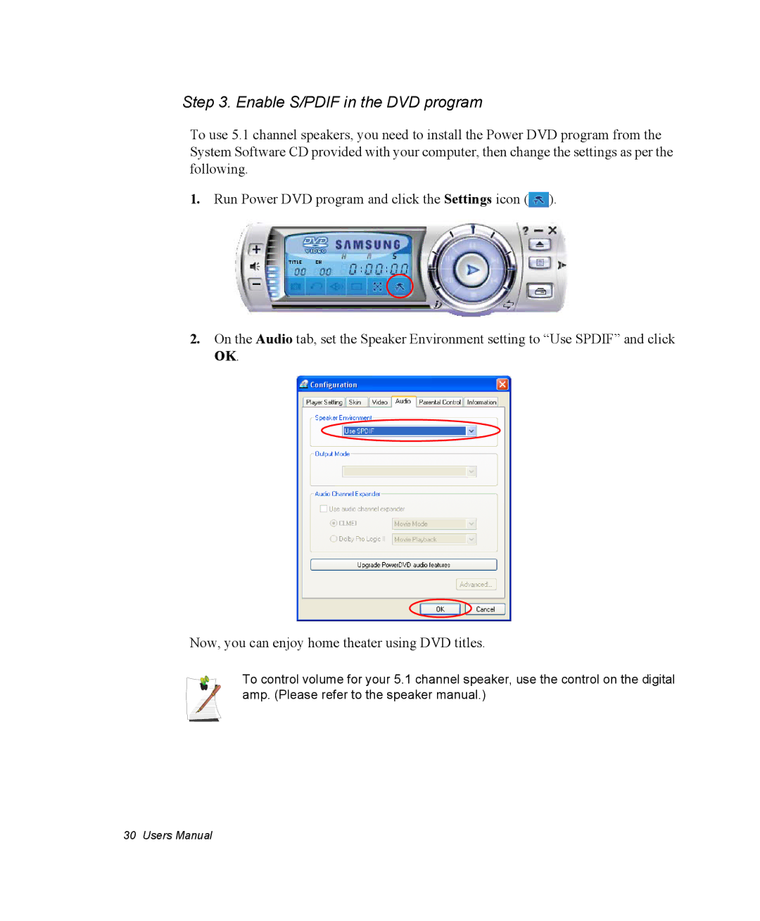 Samsung NM40TJ0MG9/SEF, NM40PRDV02/SEF, NM40PRCV01/SEF, NM40PRTV02/SEF, NM40PRCV02/SEF manual Enable S/PDIF in the DVD program 