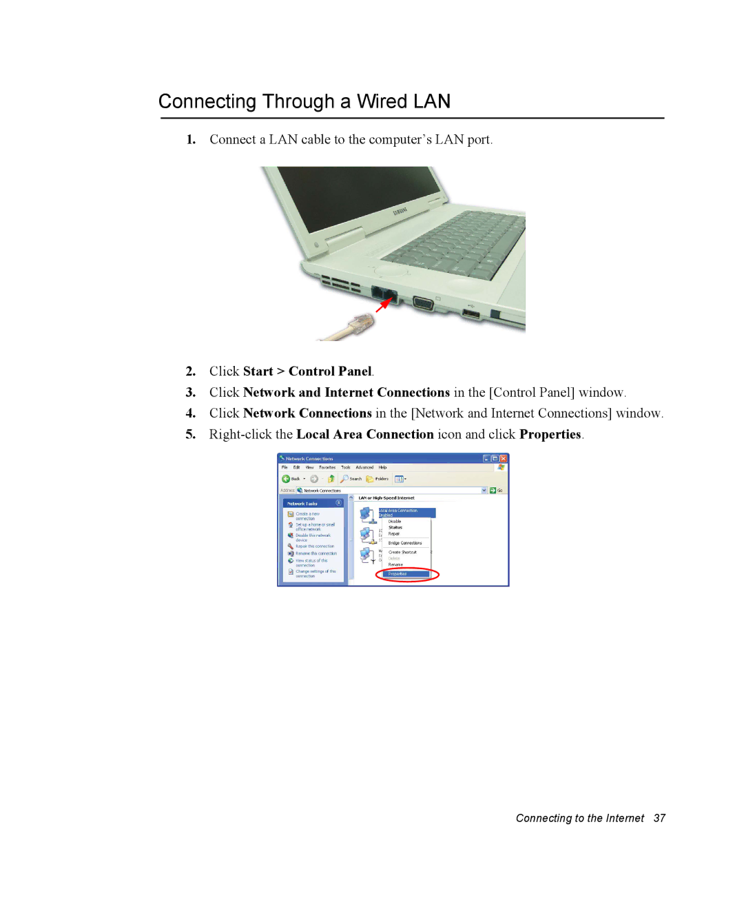 Samsung NM40PRDV03/SEF, NM40PRDV02/SEF, NM40PRCV01/SEF manual Connecting Through a Wired LAN, Click Start Control Panel 