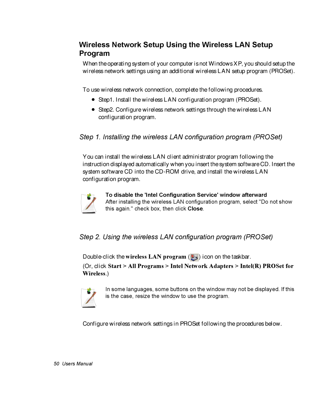 Samsung NM40PRDV02/SEF, NM40PRCV01/SEF, NM40PRTV02/SEF manual Wireless Network Setup Using the Wireless LAN Setup Program 