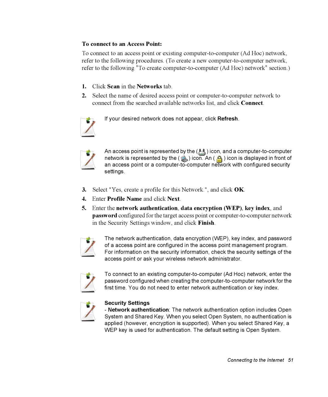 Samsung NM40PRCV01/SEF, NM40PRDV02/SEF, NM40PRTV02/SEF, NM40PRCV02/SEF manual To connect to an Access Point, Security Settings 