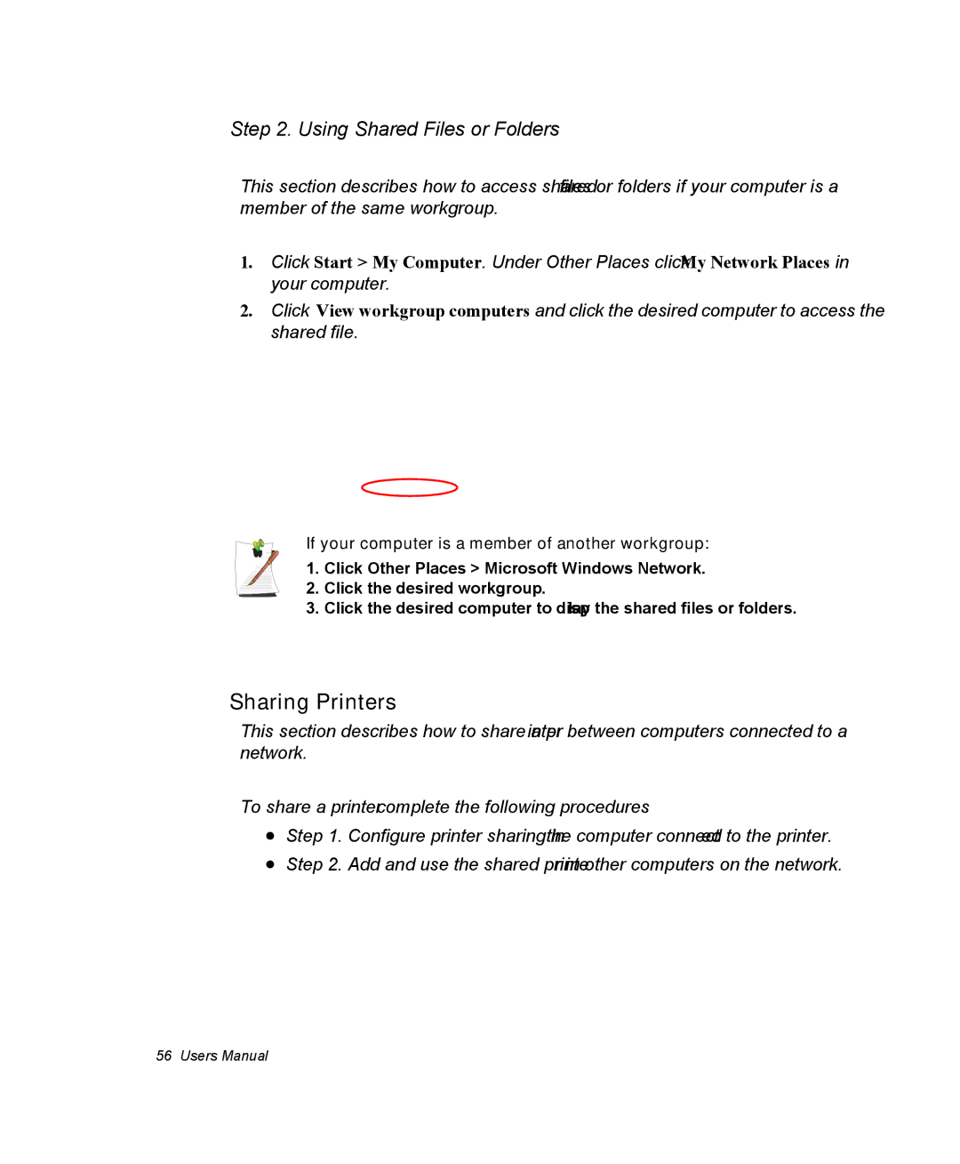 Samsung NM40TP0MG9/SEF Sharing Printers, Using Shared Files or Folders, If your computer is a member of another workgroup 