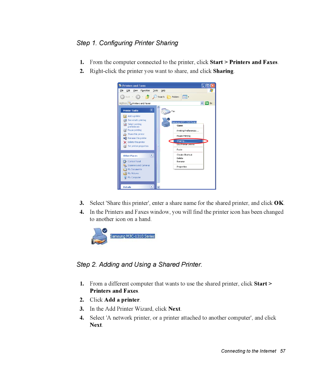 Samsung NM40TJ0MG9/SEF, NM40PRDV02/SEF Configuring Printer Sharing, Adding and Using a Shared Printer, Click Add a printer 