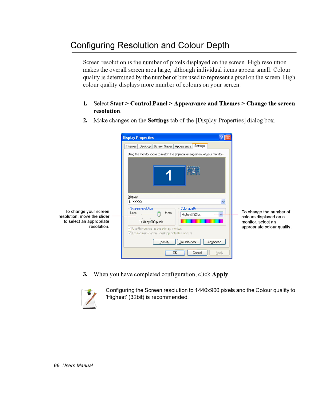 Samsung NM40TJ0MG9/SEF manual Configuring Resolution and Colour Depth, When you have completed configuration, click Apply 