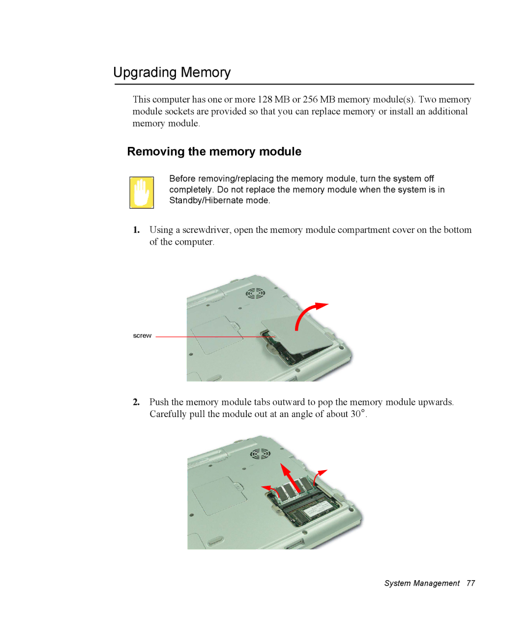 Samsung NM40PRDV02/SEF, NM40PRCV01/SEF, NM40PRTV02/SEF, NM40PRCV02/SEF manual Upgrading Memory, Removing the memory module 