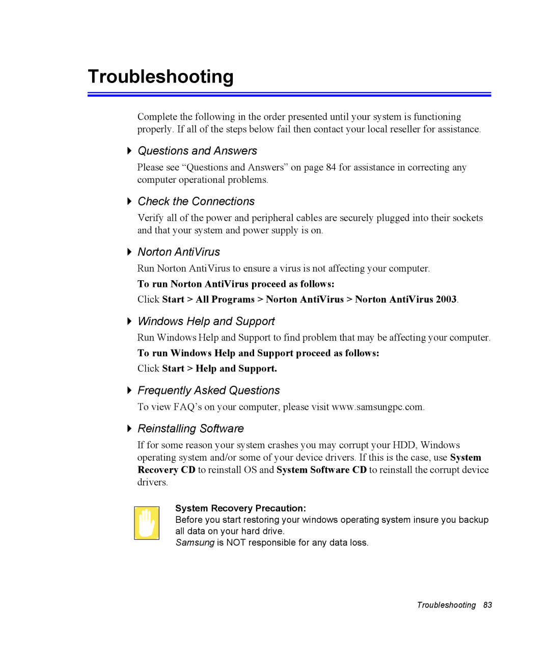 Samsung NM40TP0MG9/SEF, NM40PRDV02/SEF, NM40PRCV01/SEF, NM40PRTV02/SEF, NM40PRCV02/SEF, NM40PRTV03/SEF manual Troubleshooting 