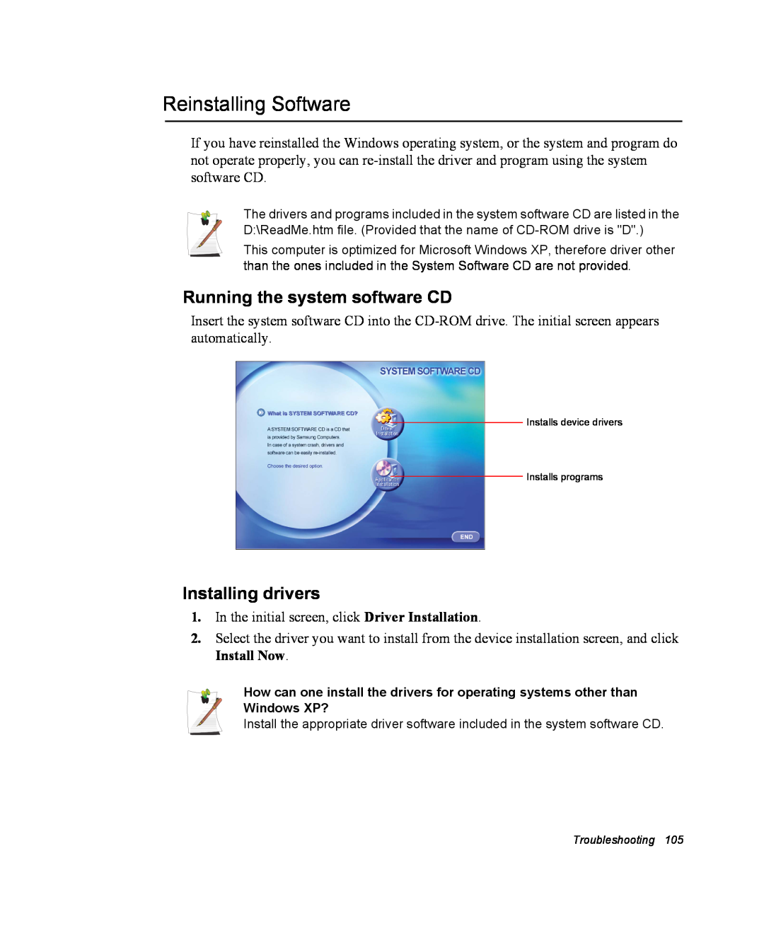 Samsung NM40PRCV01/SEF, NM40PRDV02/SEF manual Reinstalling Software, Running the system software CD, Installing drivers 