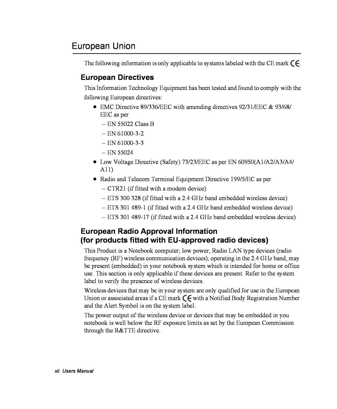 Samsung NM40PRCV02/SEF, NM40PRDV02/SEF manual European Union, European Directives, European Radio Approval Information 