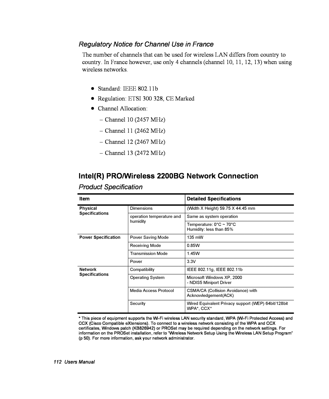 Samsung NM40PRTV01/SEF manual IntelR PRO/Wireless 2200BG Network Connection, Regulatory Notice for Channel Use in France 