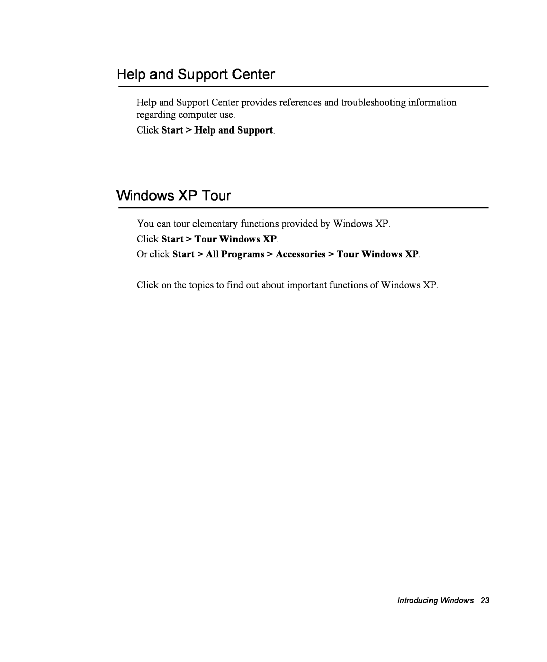 Samsung NM40PRDV02/SEF Help and Support Center, Windows XP Tour, Click Start Help and Support, Click Start Tour Windows XP 