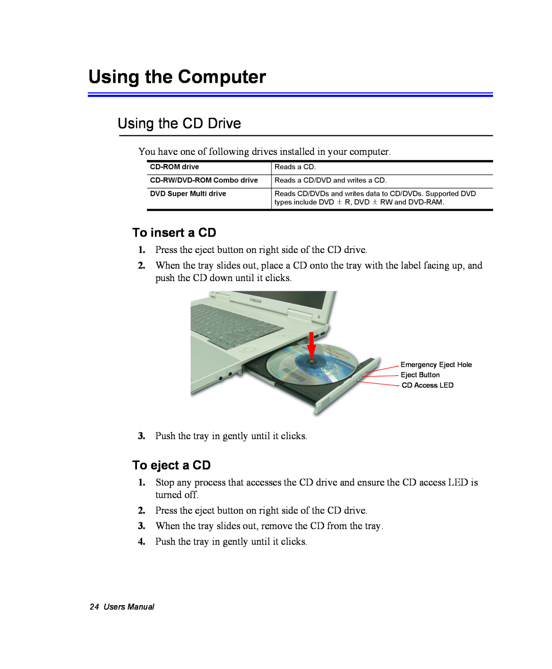 Samsung NM40PRCV01/SEF, NM40PRDV02/SEF manual Using the Computer, Using the CD Drive, To insert a CD, To eject a CD 