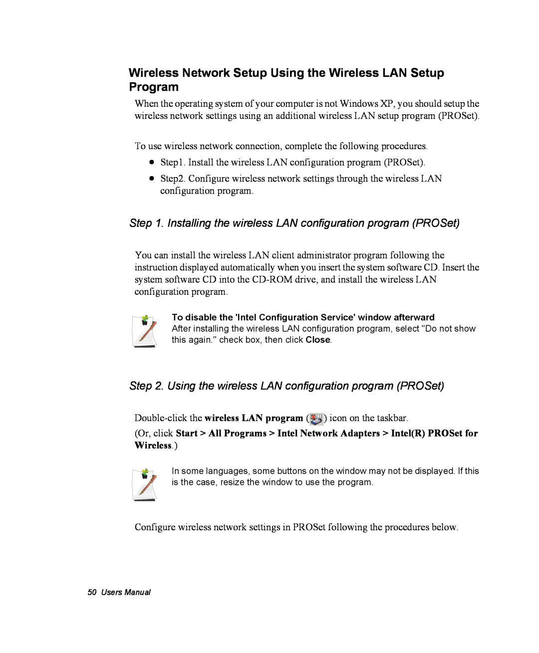 Samsung NM40PRDV02/SEF, NM40PRCV01/SEF, NM40PRTV02/SEF manual Wireless Network Setup Using the Wireless LAN Setup Program 