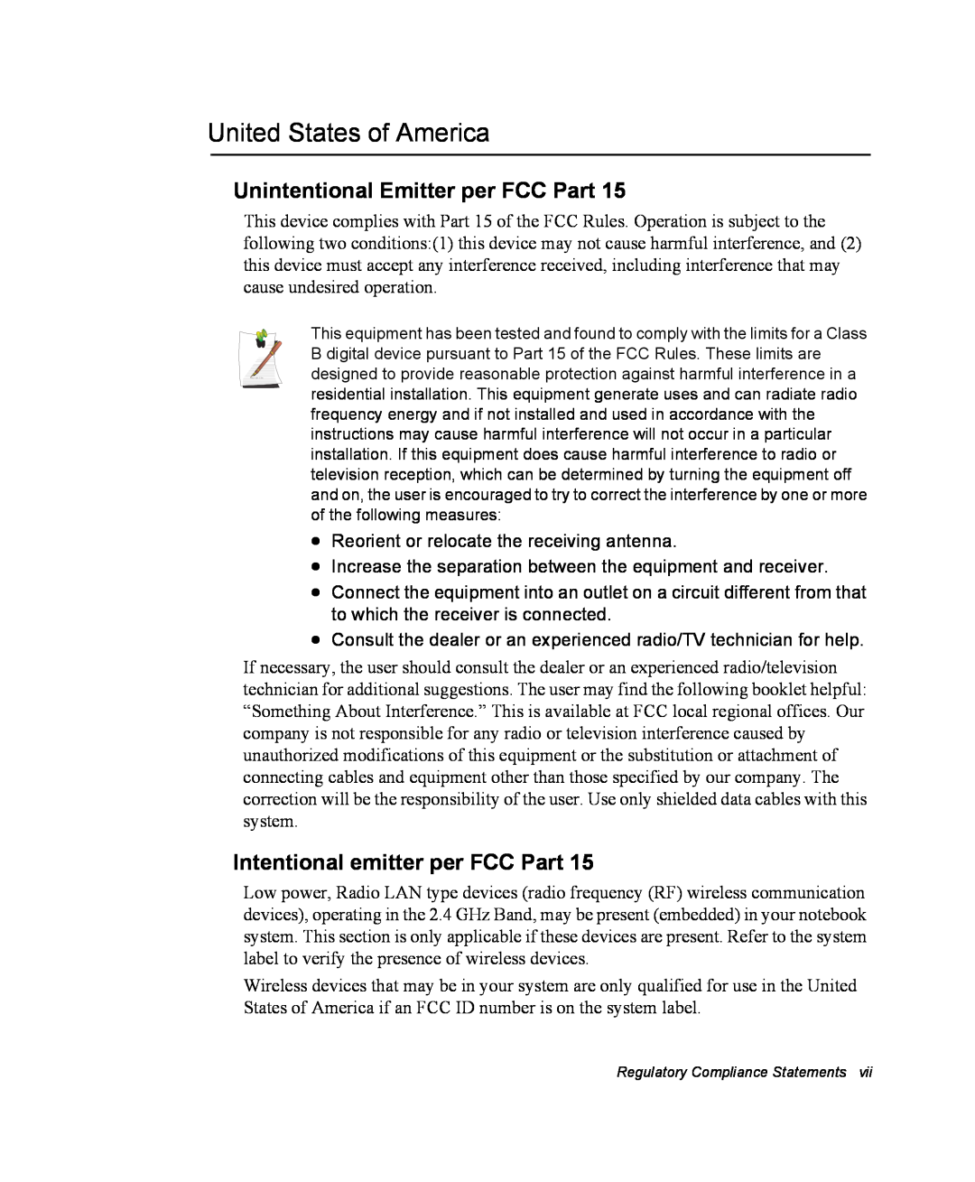 Samsung NM40TJ0MG9/SEF United States of America, Unintentional Emitter per FCC Part, Intentional emitter per FCC Part 