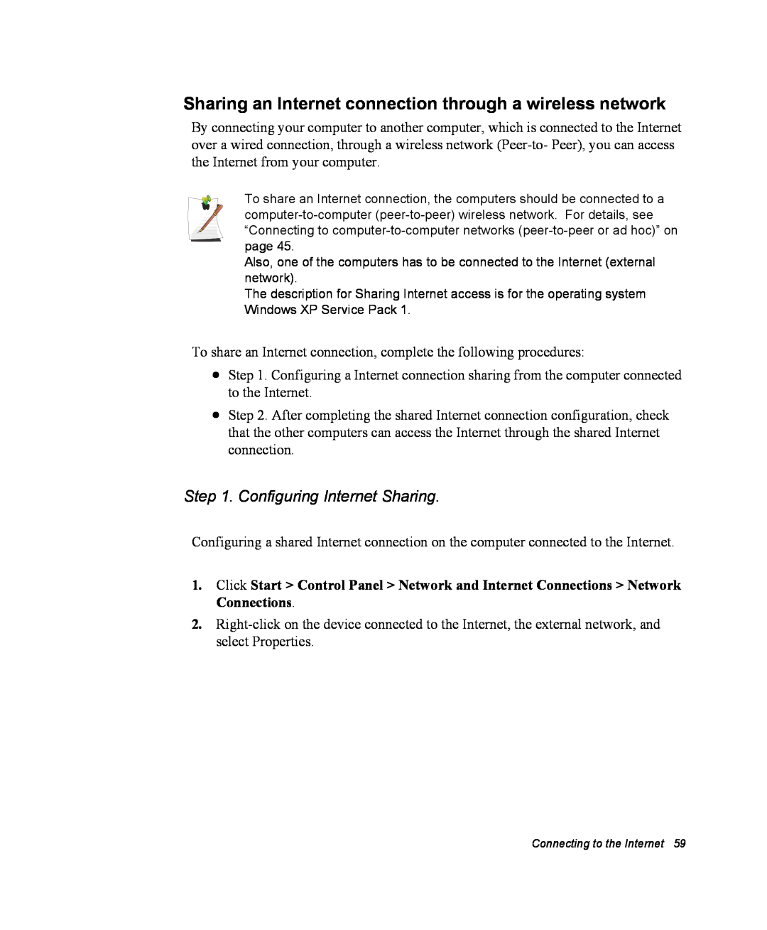 Samsung NM40PRDV02/SEF manual Sharing an Internet connection through a wireless network, Configuring Internet Sharing 
