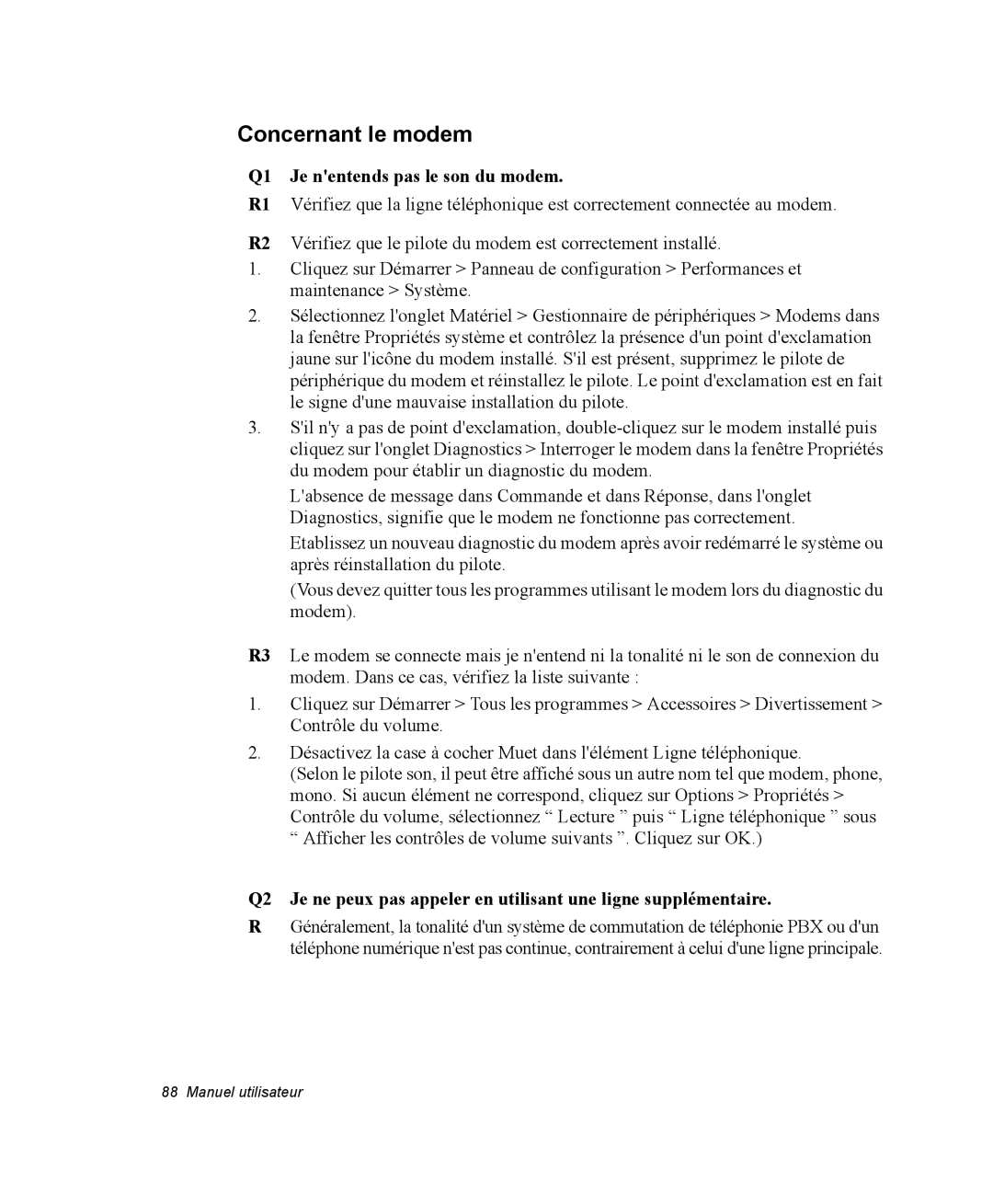 Samsung NM40PRCV01/SEF, NM40PRDV02/SEF, NM40PRD000/SEF manual Concernant le modem, Q1 Je nentends pas le son du modem 